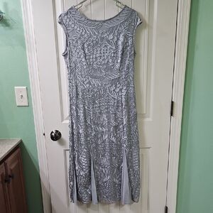 Alex Evenings Silver Embroidered Midi Dress For Wedding Or Party